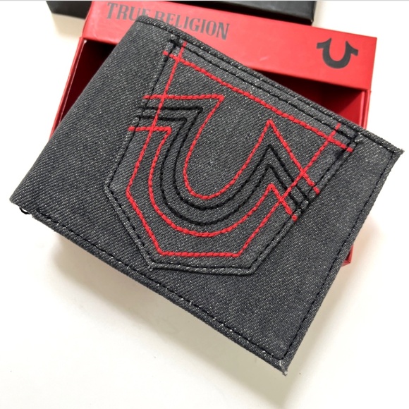 NWT True Religion Reece Denim Leather L-fold Wallet Black Gray Stitch Logo Boxed - Picture 2 of 8